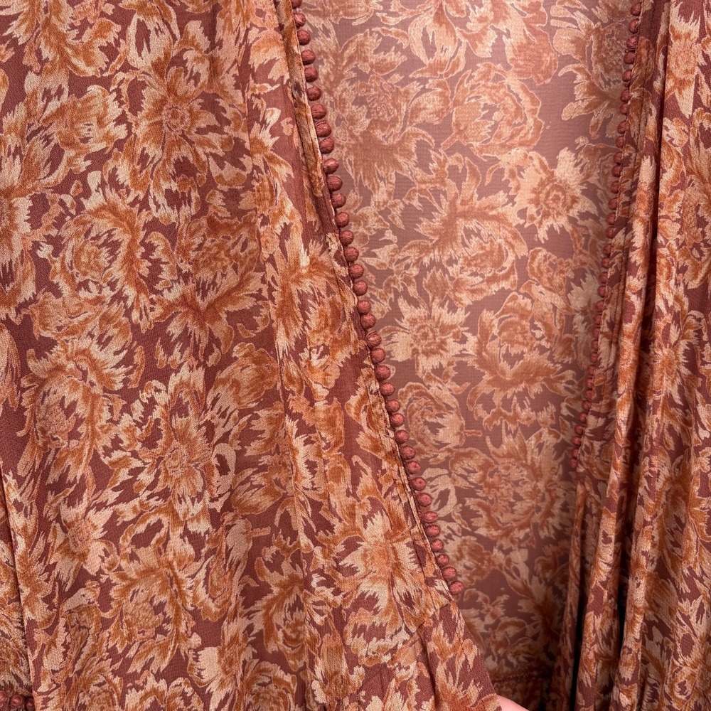 Chan Luu Boho‎ Floral Open Front Kimono Cardigan Ruffle Hem Brown Rust Sz Large - Picture 12 of 12